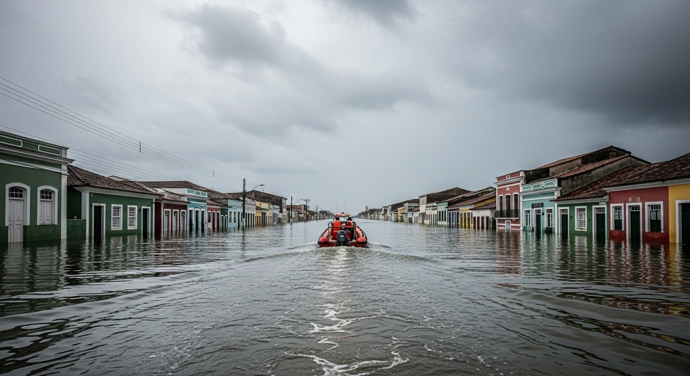 A rescue boat navigates through flooded streets in a coastal town in Rio Grande do Norte, Brazil, following persistent heavy rainfall.