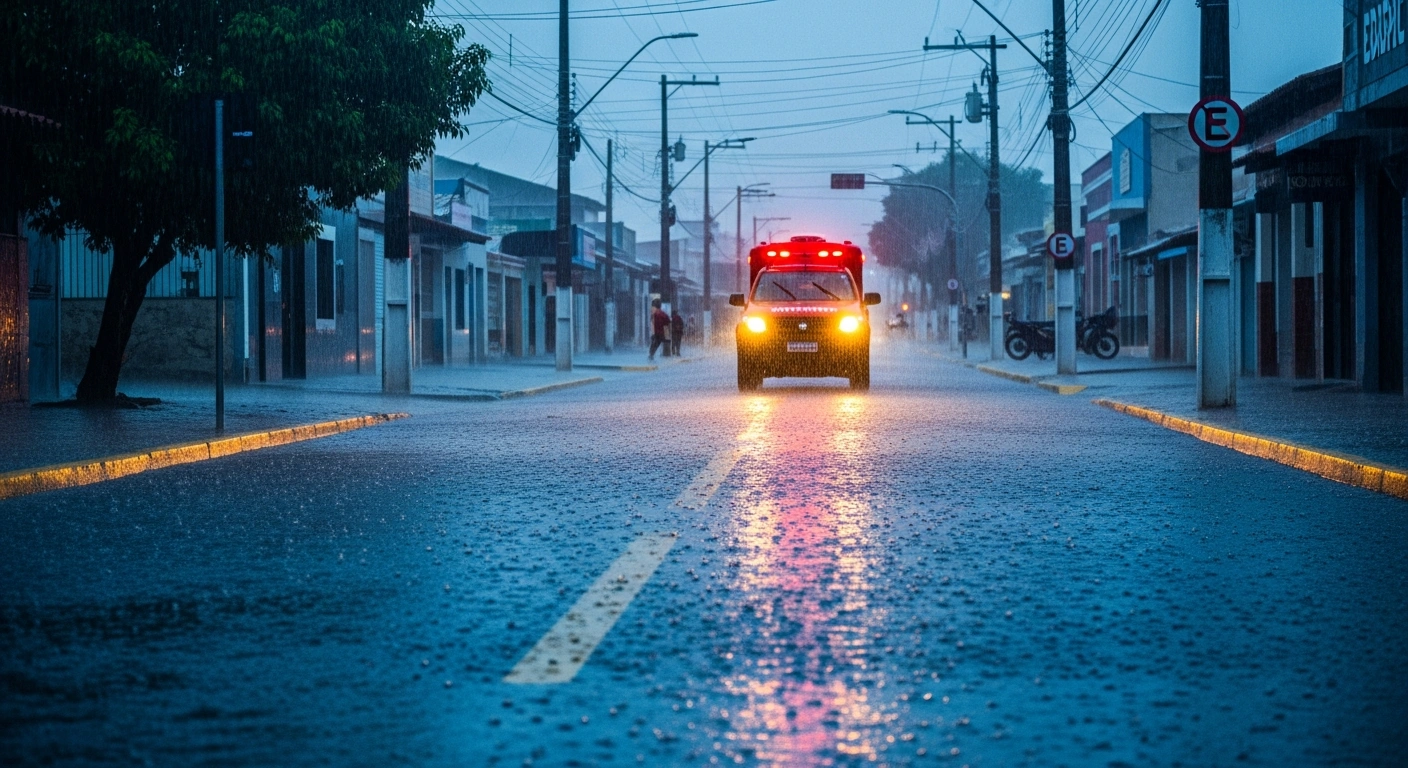 A civil defense vehicle monitors a flooded street in Rio Grande do Norte during a period of heavy seasonal rainfall.