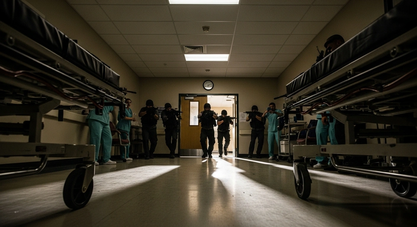Eight armed men, suspected militiamen, invade a hospital corridor, their weapons glinting under harsh fluorescent lights, causing panic among medical staff and patients.