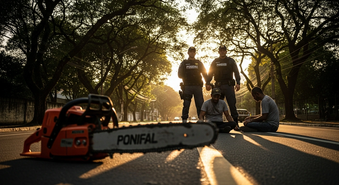 Municipal guards in Rio de Janeiro are shown arresting two men for illegal tree pruning on Rua Benjamin Franklin, with a seized chainsaw lying on the street nearby.