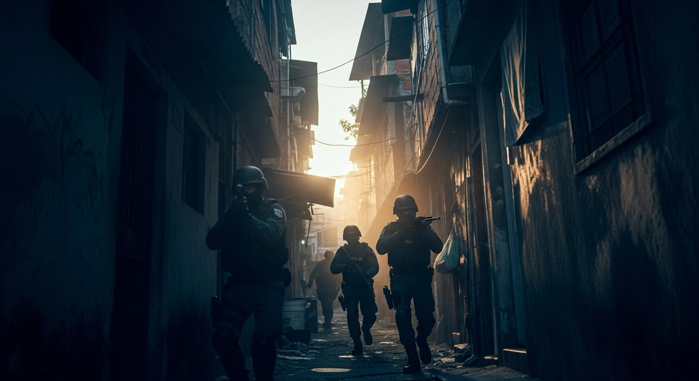 Heavily armed police officers conduct a tactical operation against organized crime in a dense neighborhood of Rio de Janeiro, Brazil.