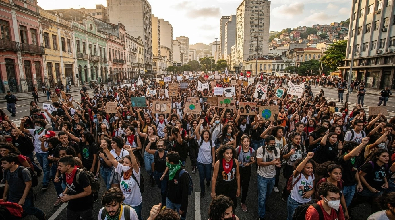 Thousands of students gather in downtown Rio de Janeiro to protest against far-right political policies in Brazil.