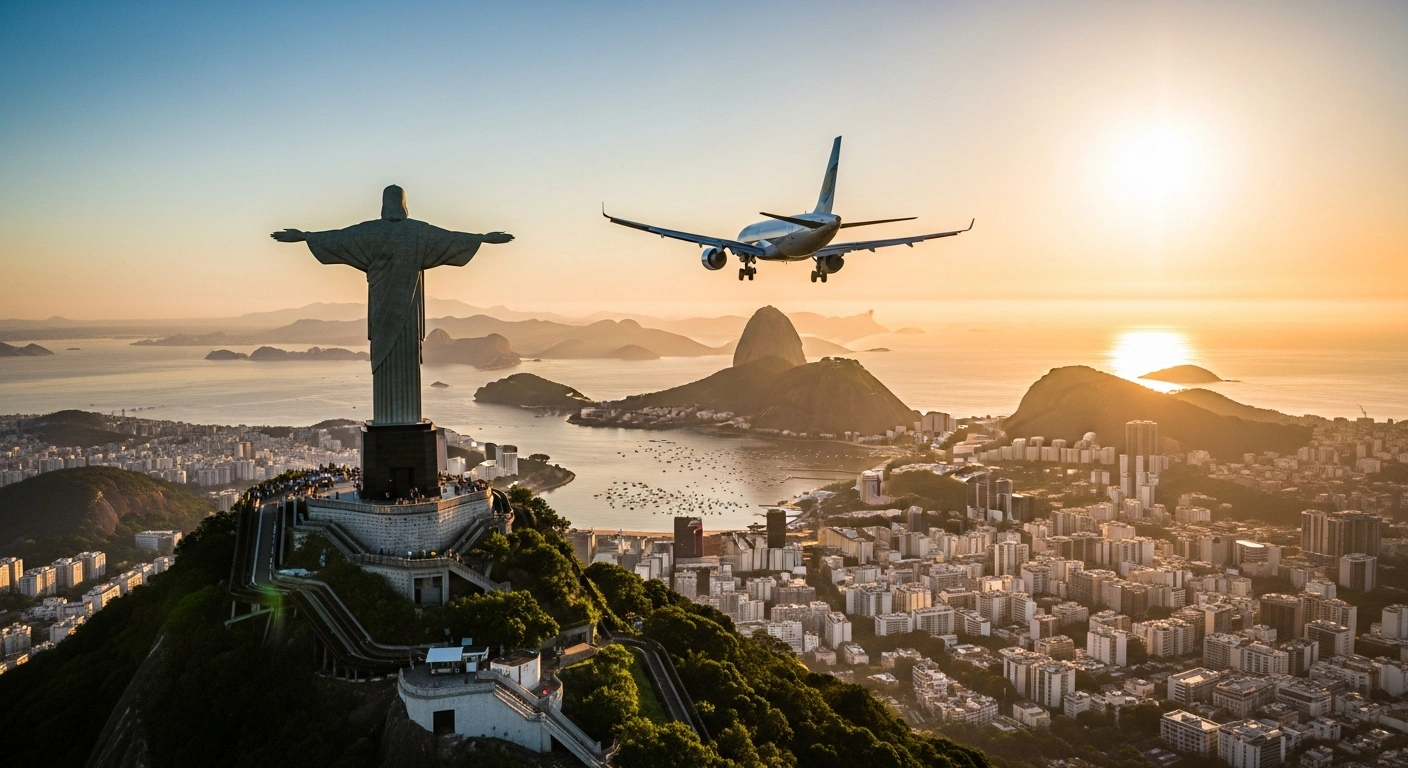 An aerial view of Rio de Janeiro at golden hour, with the Christ the Redeemer statue overlooking the city as a modern passenger jet descends towards the airport, symbolizing increased international visitors and enhanced flight routes to boost tourism.