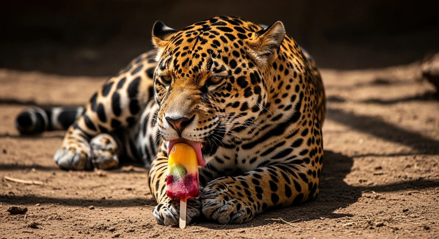 A majestic jaguar at Rio de Janeiro's BioParque zoo is shown licking a colorful frozen fruit popsicle, receiving thermal comfort and hydration during an intense heatwave.