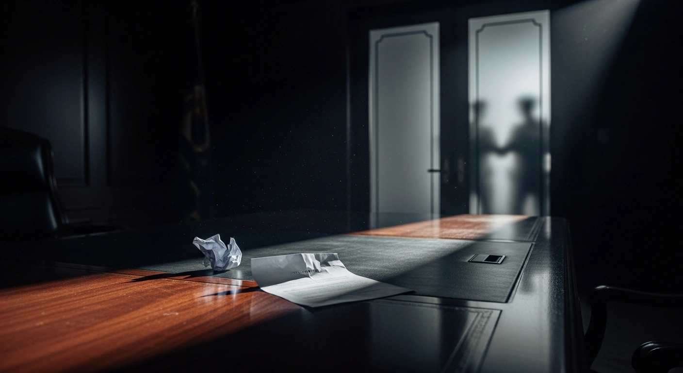 A dimly lit, opulent office features a crumpled resignation letter on an empty mahogany desk, symbolizing the resignation of Rioprevidência's president, Deivis Marcon Antunes, following Brazil's Federal Police investigation into R$ 970 million in irregular investments.