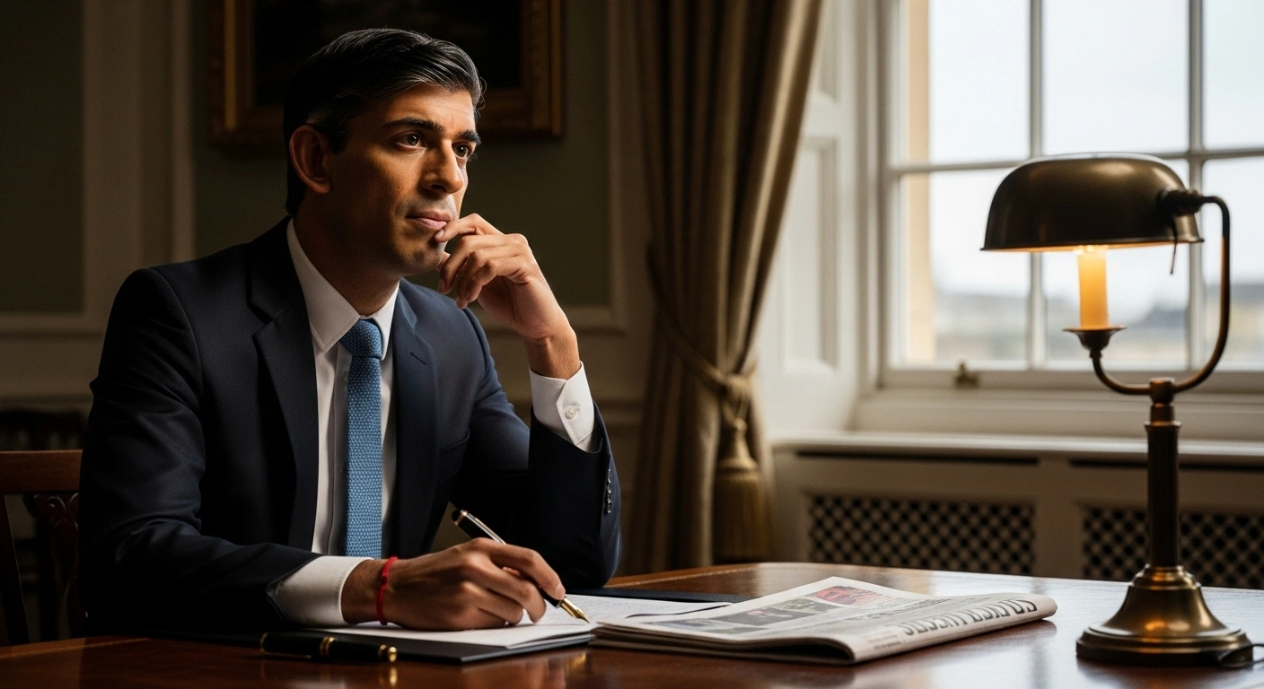 A photorealistic image depicts former UK Prime Minister Rishi Sunak in a contemplative pose, seated at a polished desk with a fountain pen and a folded newspaper, reflecting his new role as a columnist for The Sunday Times, where he advocates for economic policies and directs his fees to The Richmond Project charity.
