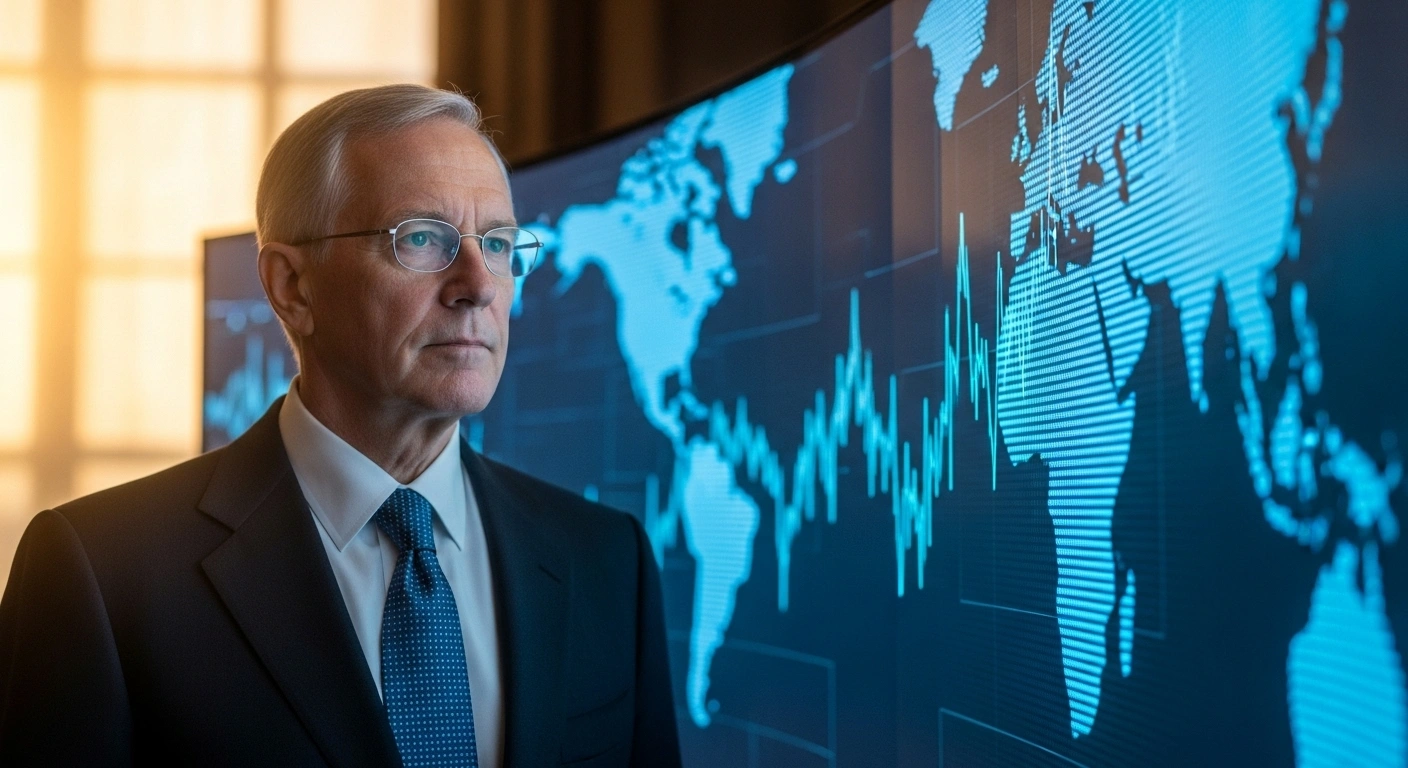 A distinguished man, resembling former UK Prime Minister Rishi Sunak, stands contemplatively before a large curved screen displaying abstract global economic data, symbolizing his new senior advisory roles with US tech giant Microsoft and AI startup Anthropic, where he will offer strategic perspectives on macroeconomic and geopolitical trends, with all earnings donated to his charity under strict ethical conditions.
