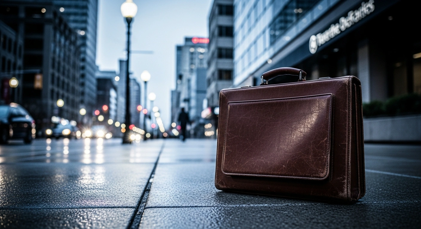 A worn briefcase sits on a wet city sidewalk, representing the rising trend of Canadian insolvencies and financial strain in 2026.