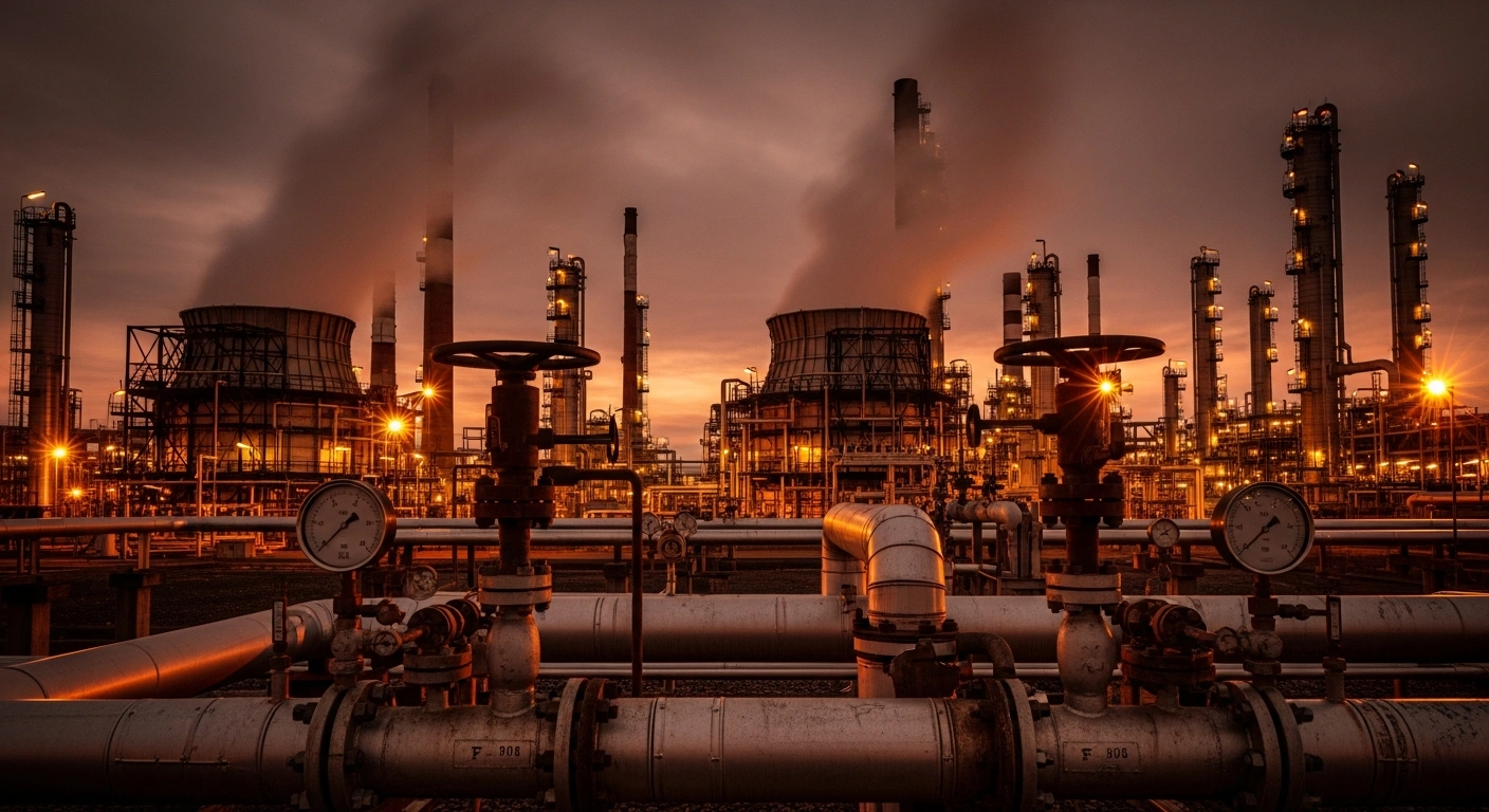An industrial oil refinery with steaming cooling towers represents the tightening fuel supply and rising diesel futures in the United States.