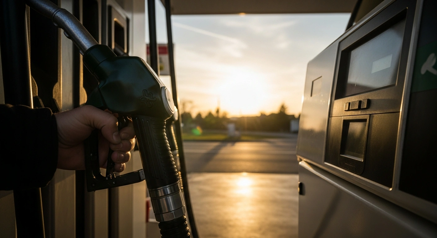 A close-up view of a fuel pump nozzle at a gas station in France during a period of rising fuel prices.