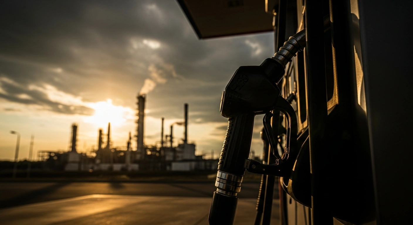 A close-up view of a fuel pump at a gas station with an oil refinery visible in the background, representing rising U.S. gasoline prices due to Middle East conflict.