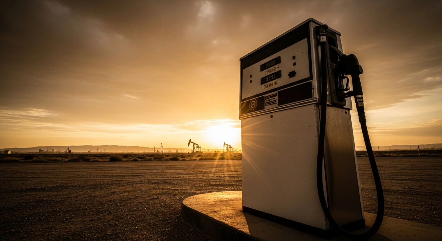 A close-up view of a gasoline pump at a station during sunset, representing rising fuel prices caused by geopolitical instability in the Middle East.
