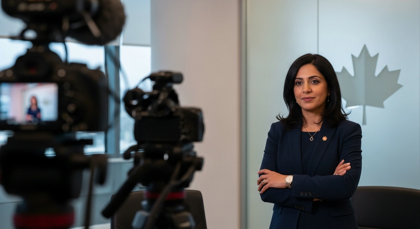 A poised woman, Rita Virk, a Chartered Professional Accountant, is shown in a professional boardroom setting, representing her appointment to the Board of Directors of Canada Mortgage and Housing Corporation (CMHC).