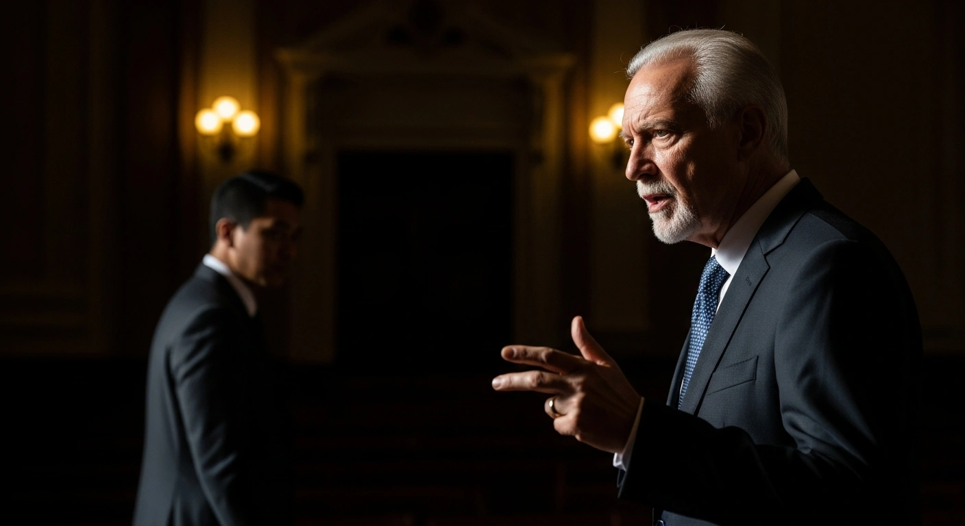 A charismatic older male figure, Dr. Nname Ewor, stands under a spotlight, gesturing emphatically in an ornate hall, while a younger male figure, Governor Siminalayi Fubara, turns away in the shadowy background, symbolizing the intensified political crisis within the Rivers State chapter of the Peoples Democratic Party.