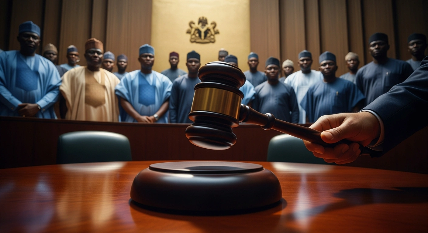 A low-angle shot in a dimly lit, grand assembly hall shows a gavel poised over a heavy wooden block, with stern-faced lawmakers in traditional attire visible in the background, representing the impeachment proceedings against Governor Siminalayi Fubara and his Deputy in the Rivers State House of Assembly.