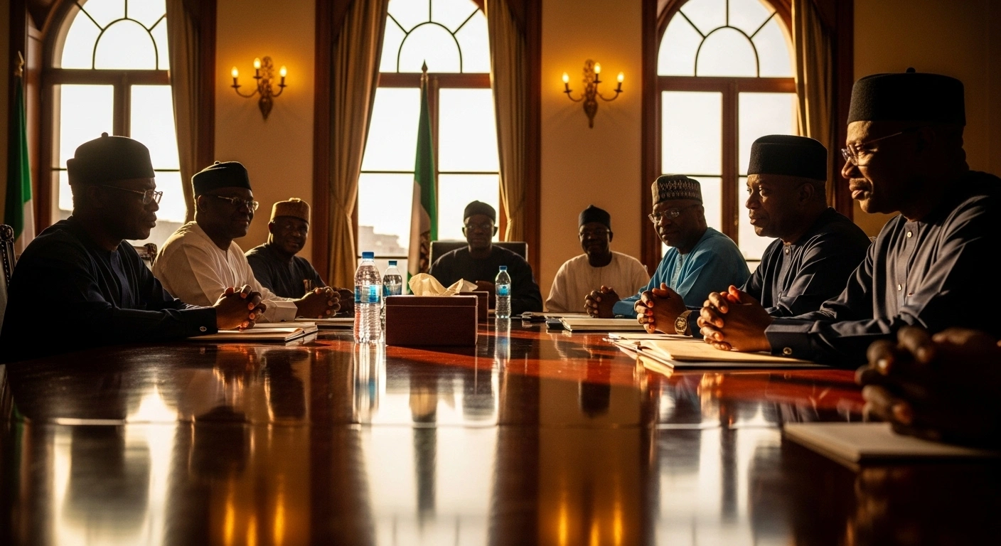 FCT Minister Nyesom Wike, Rivers State Governor Siminalayi Fubara, and members of the Rivers State Elders Council are seated around a grand mahogany table in a sunlit conference room, engaged in a formal meeting to solidify peace and unity in Port Harcourt following a political crisis.