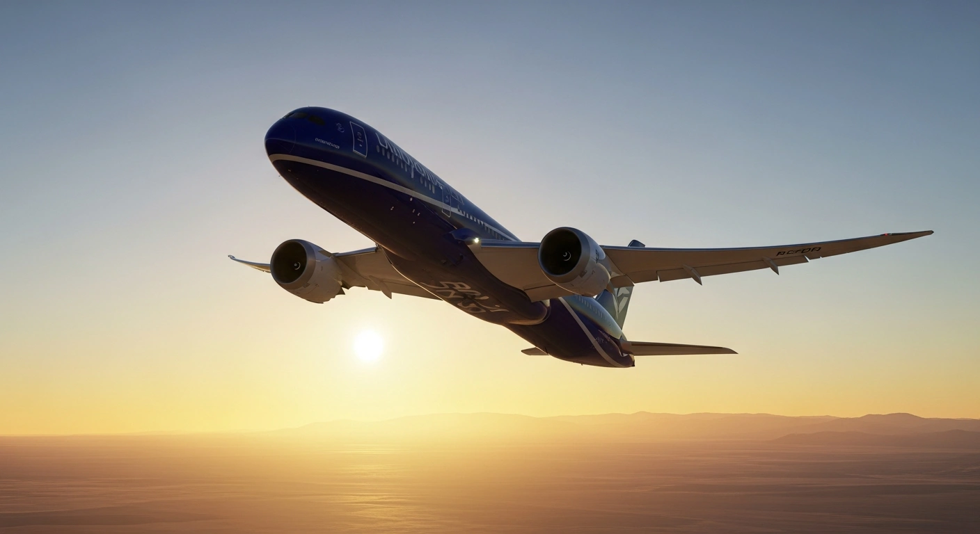 A sleek Boeing 787-9 aircraft, painted in Riyadh Air's distinctive indigo and silver livery, is captured ascending into a golden dawn sky during its first test flight on September 12, 2024, marking a crucial step for Saudi Arabia's new national carrier.