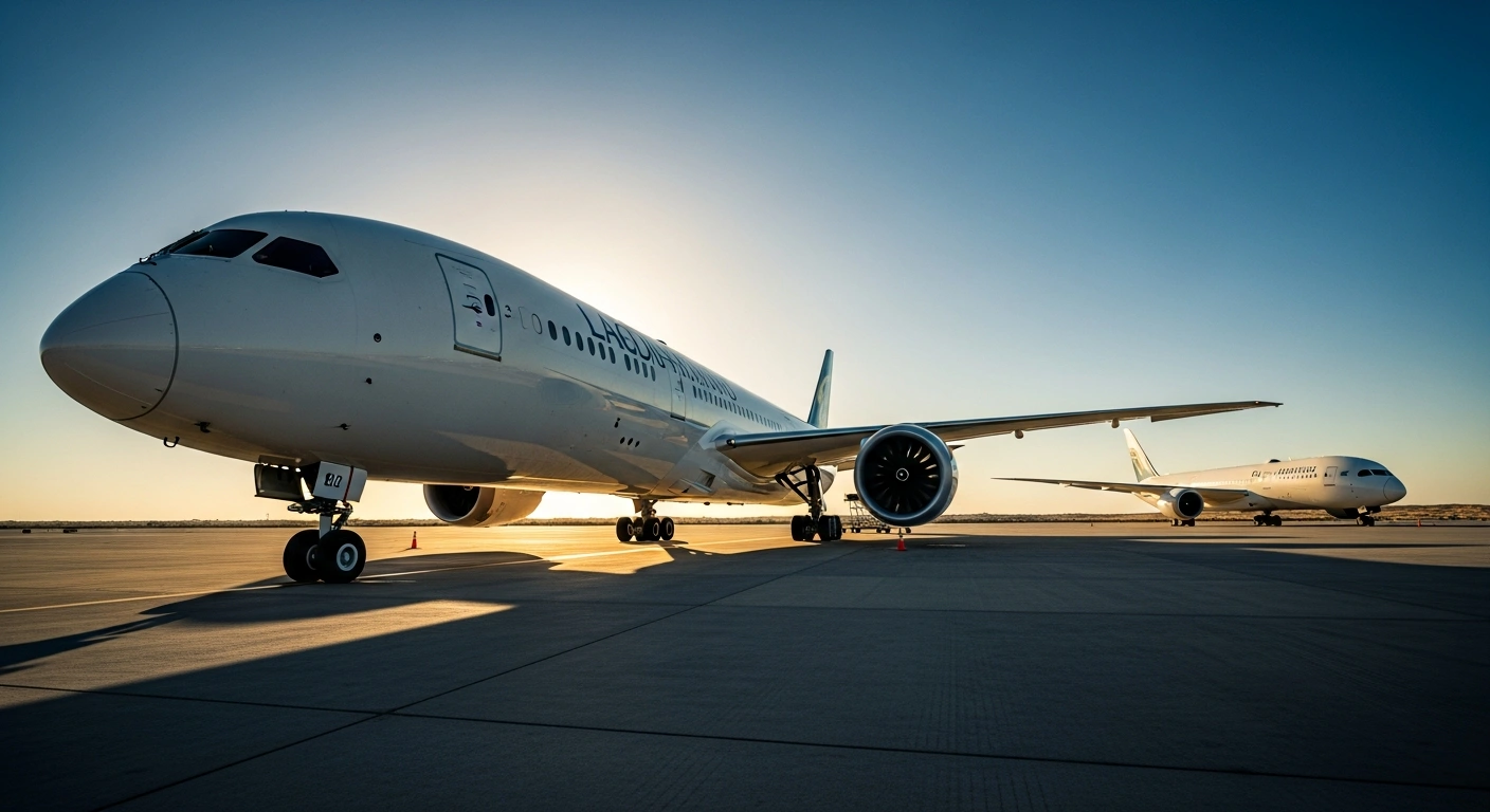 Two Riyadh Air Boeing 787-9 Dreamliner aircraft sit on an airport tarmac in Saudi Arabia as part of the airline's fleet expansion.