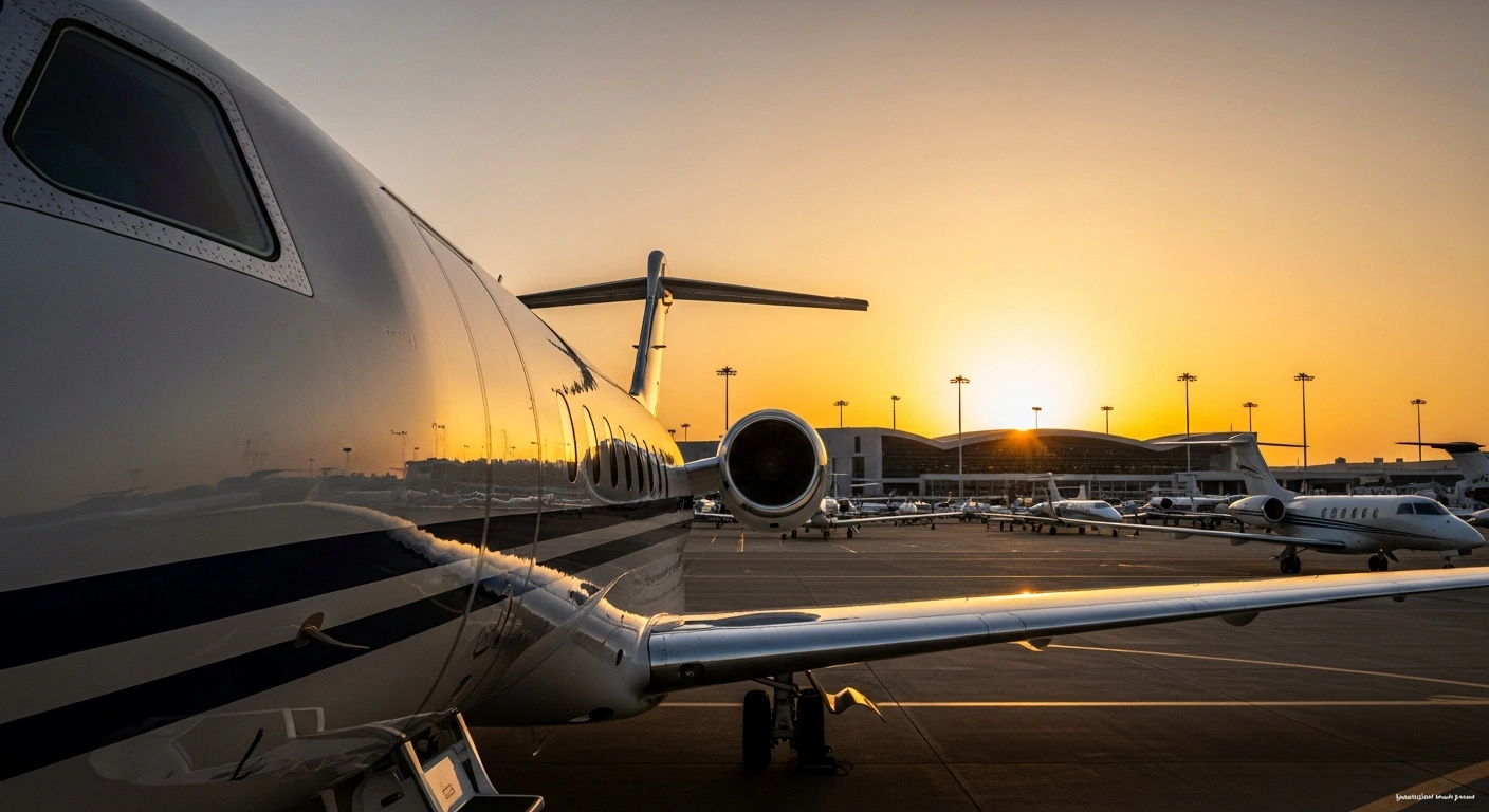 A sleek private jet, reflecting the golden light of a desert sunset, is prominently displayed at Al-Thumamah Airport in Riyadh, symbolizing the Sand & Fun General Aviation Air Show 2025 and Saudi Arabia's strategic drive to enhance its aviation sector through 18 investment agreements valued at SR250 million.