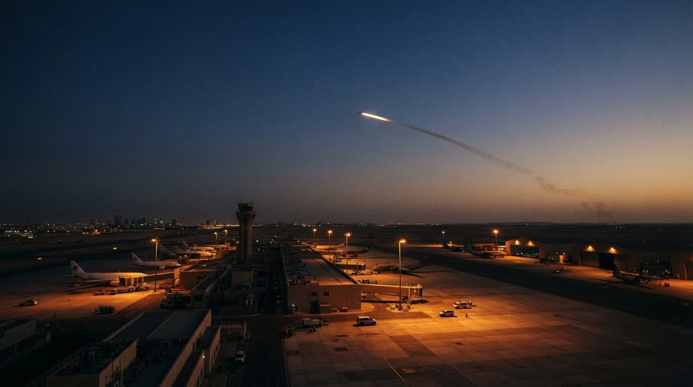 A ballistic missile trail glows in the night sky above the infrastructure of King Khalid International Airport in Riyadh.