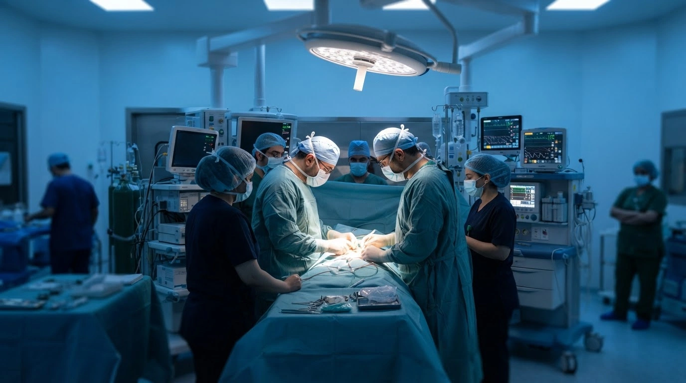 A specialized medical team performs a complex surgical procedure to separate conjoined twins at King Abdullah Specialist Children's Hospital in Riyadh.