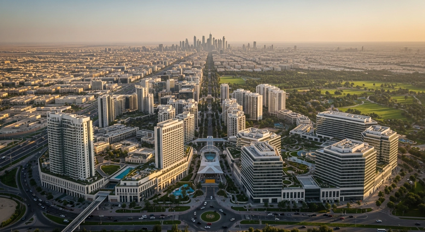 An aerial view at dusk of a modern, sprawling mixed-use property development within Riyadh's King Salman Park, featuring residential towers, office buildings, and a hotel, symbolizing Saudi Arabia's Vision 2030.
