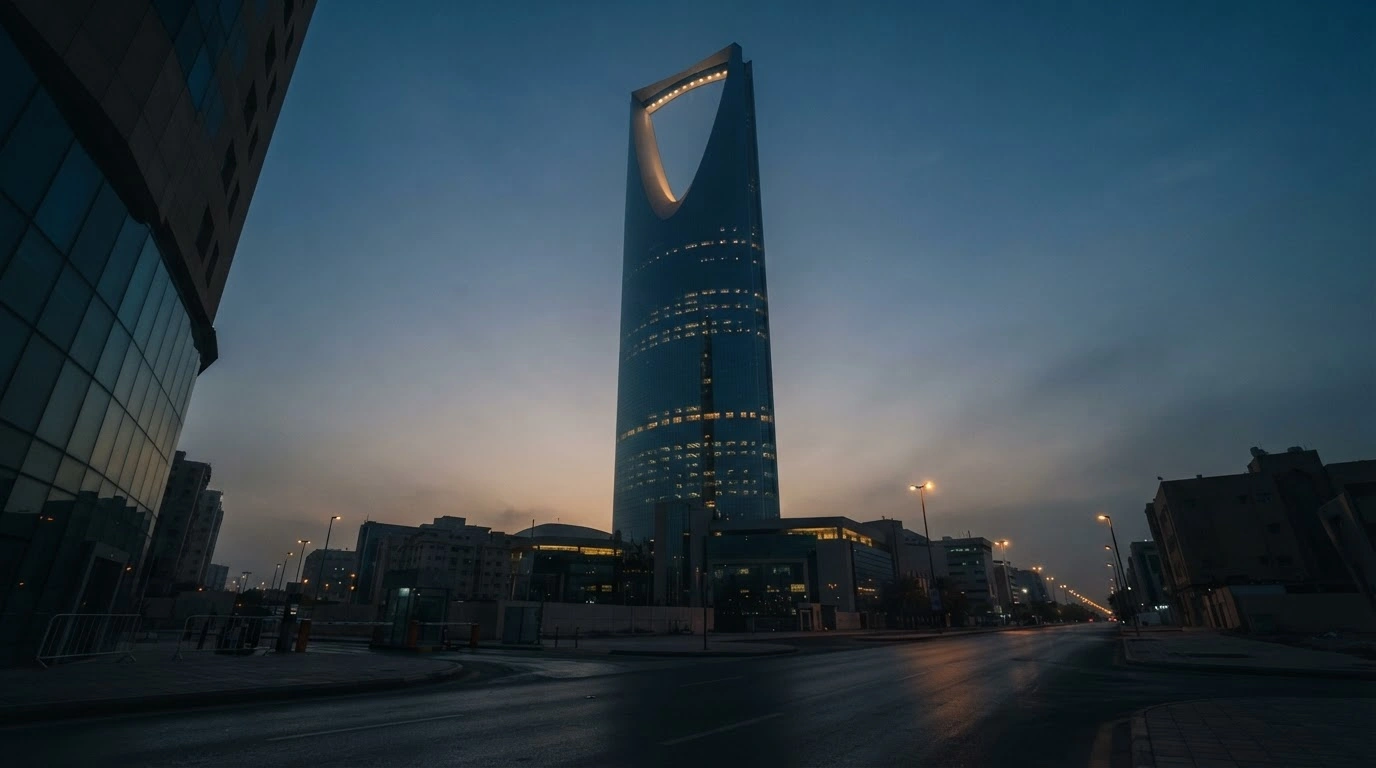 The Kingdom Centre skyscraper in Riyadh stands tall over an empty city street as businesses shift to remote work due to regional security concerns.