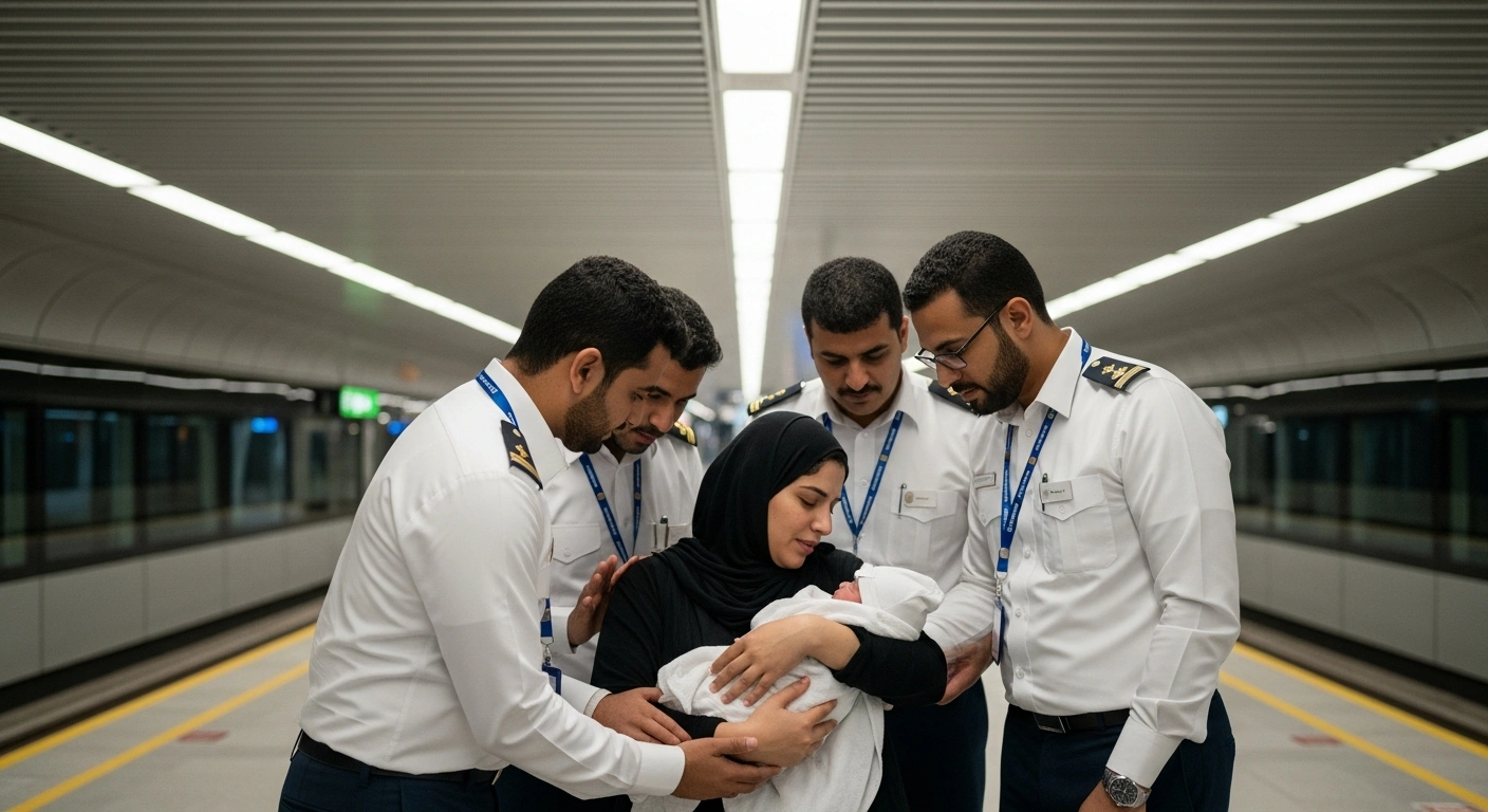 A new mother cradles her newborn baby on a modern metro platform, surrounded by attentive metro staff providing professional assistance, capturing the first childbirth recorded on the Riyadh Metro network at Al Andalus Station.