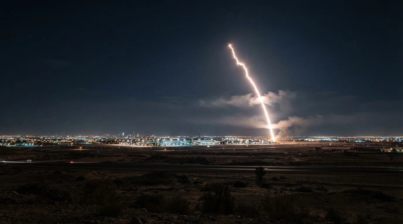 A defensive missile flare illuminates the night sky over the outskirts of Riyadh following a ballistic missile attack.
