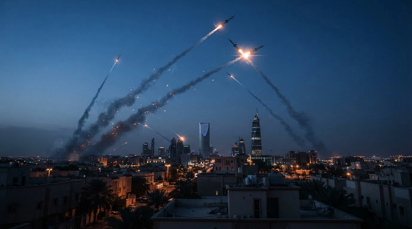 Interceptor missiles streak across the night sky over Riyadh following an attack by Houthi rebels, highlighting the regional instability between Saudi Arabia and Iran-backed forces.