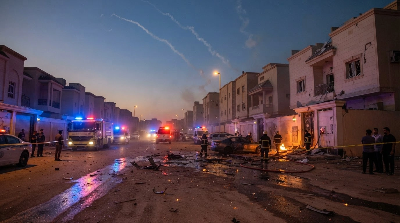 Emergency responders work in a residential neighborhood in Riyadh, Saudi Arabia, where debris from intercepted Houthi missiles caused damage to homes and injuries to civilians.