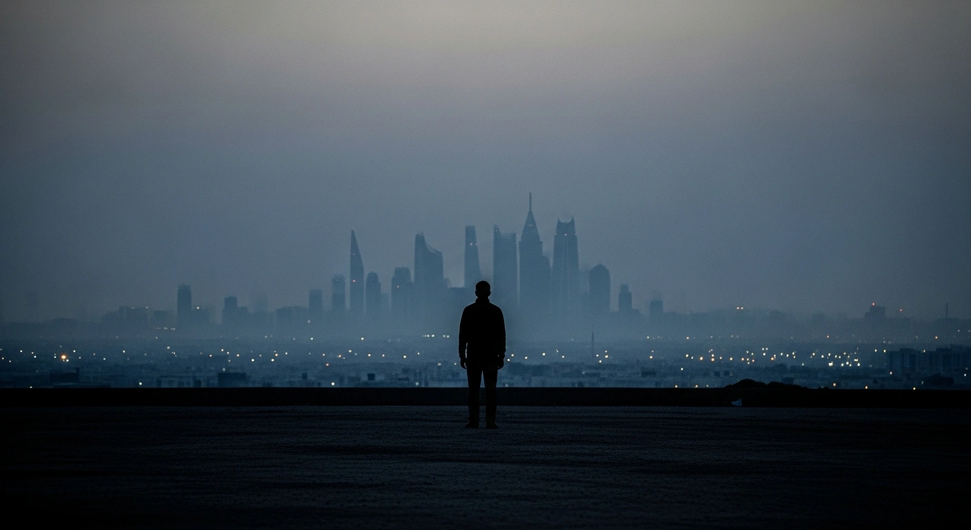 A somber silhouette stands overlooking the Riyadh skyline following a missile strike that resulted in the death of an Indian national.
