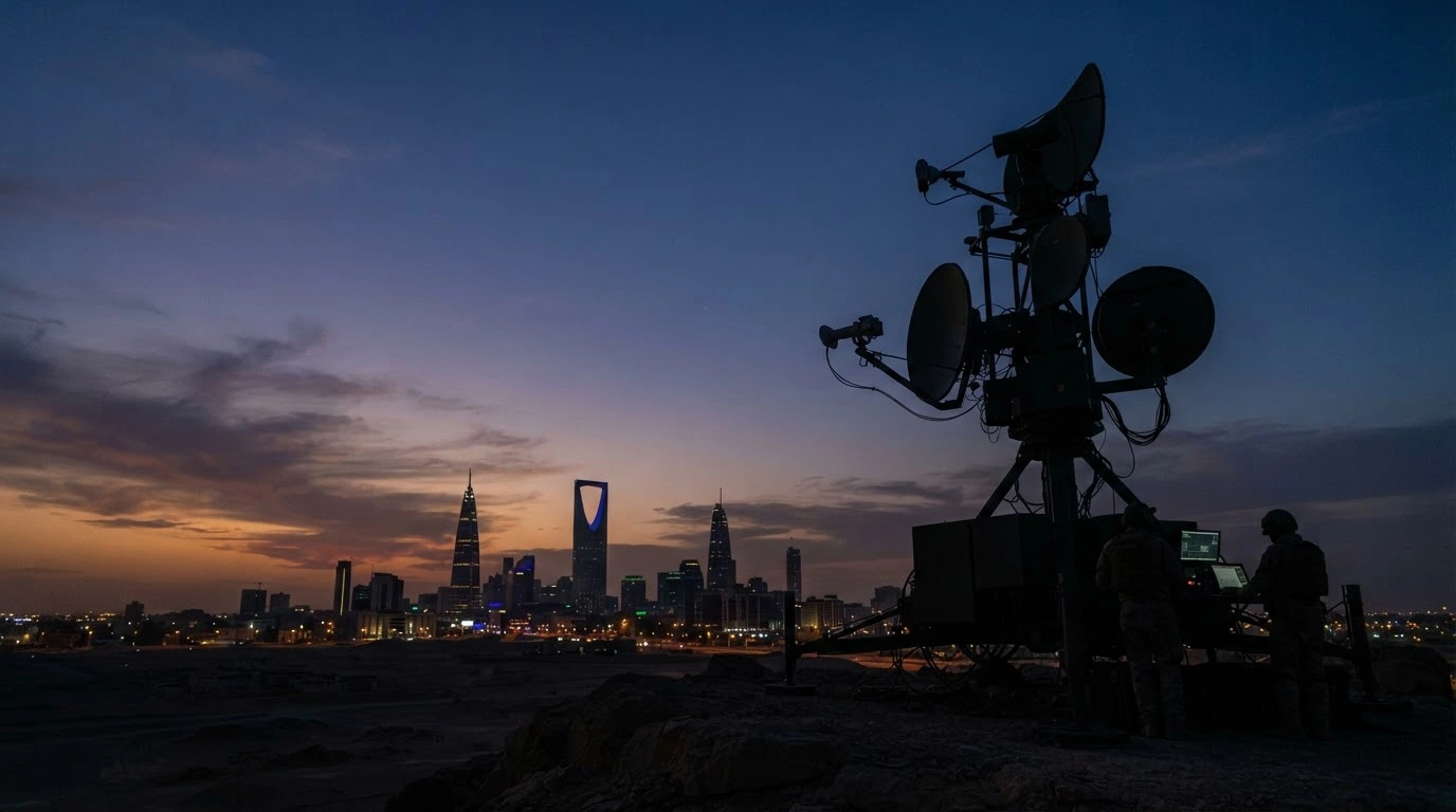 A radar array monitors the night sky over the Riyadh skyline during a period of heightened security alerts.