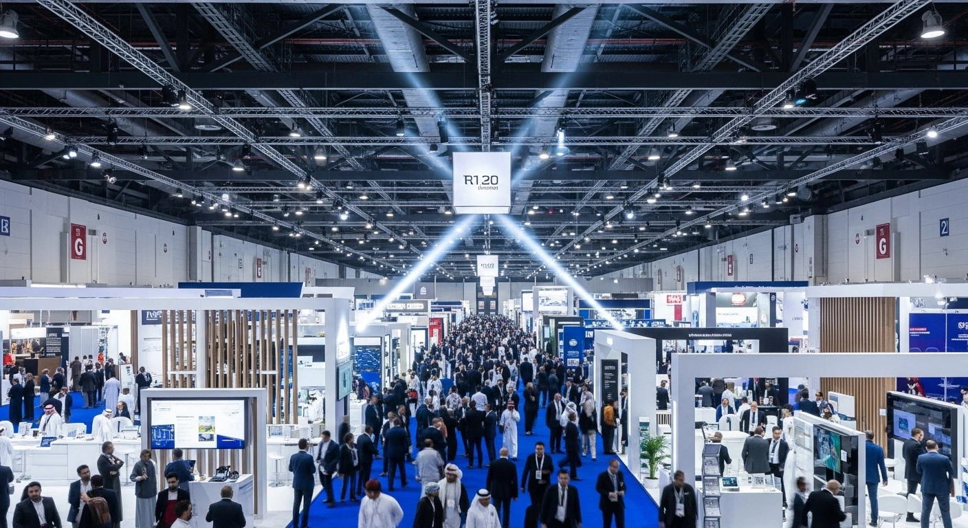 A wide, elevated view captures a bustling, modern trade show at the Riyadh Front Exhibition and Conference Center, showcasing numerous innovative display booths and thousands of attending local, regional, and international professionals, reflecting the success of events like Orgatec Workspace Saudi Arabia and co-located exhibitions in Riyadh.