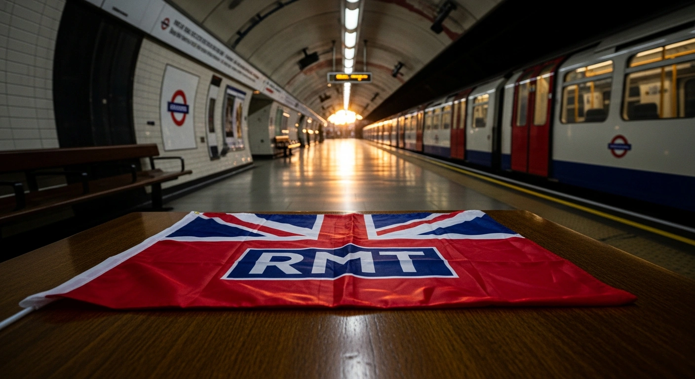 A neatly furled red RMT union flag rests on a dark wooden table on a deserted London Underground platform at dawn, symbolizing the accepted pay deal and the end of the dispute.
