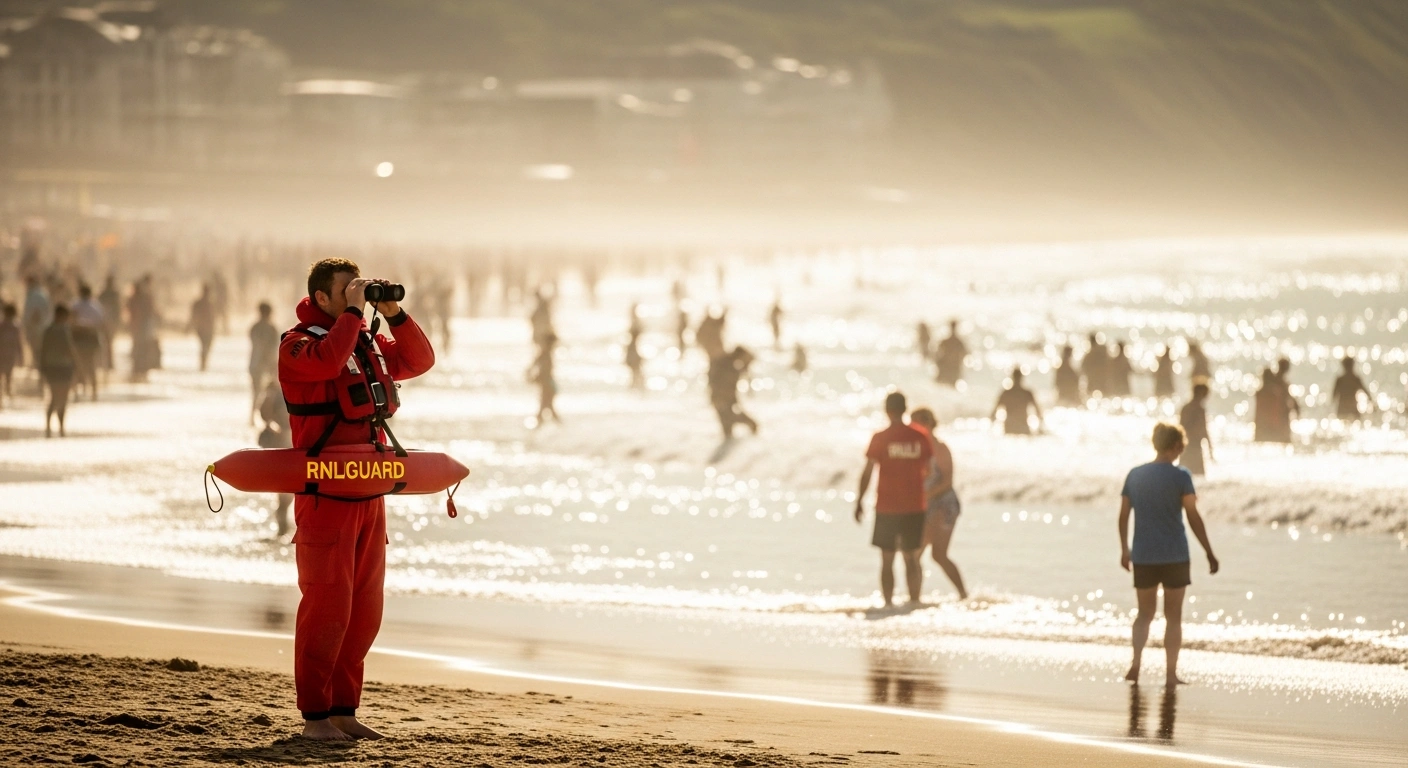 An RNLI lifeguard stands watch on a crowded beach in south-east Wales during a busy summer day to ensure public safety.