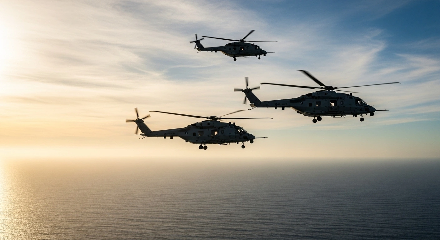 Two Royal New Zealand Air Force NH90 helicopters fly in a triumphant formation against a golden-hour sky over the vast Tasman Sea, completing their record-breaking 1,765-mile flight from Australia to New Zealand.