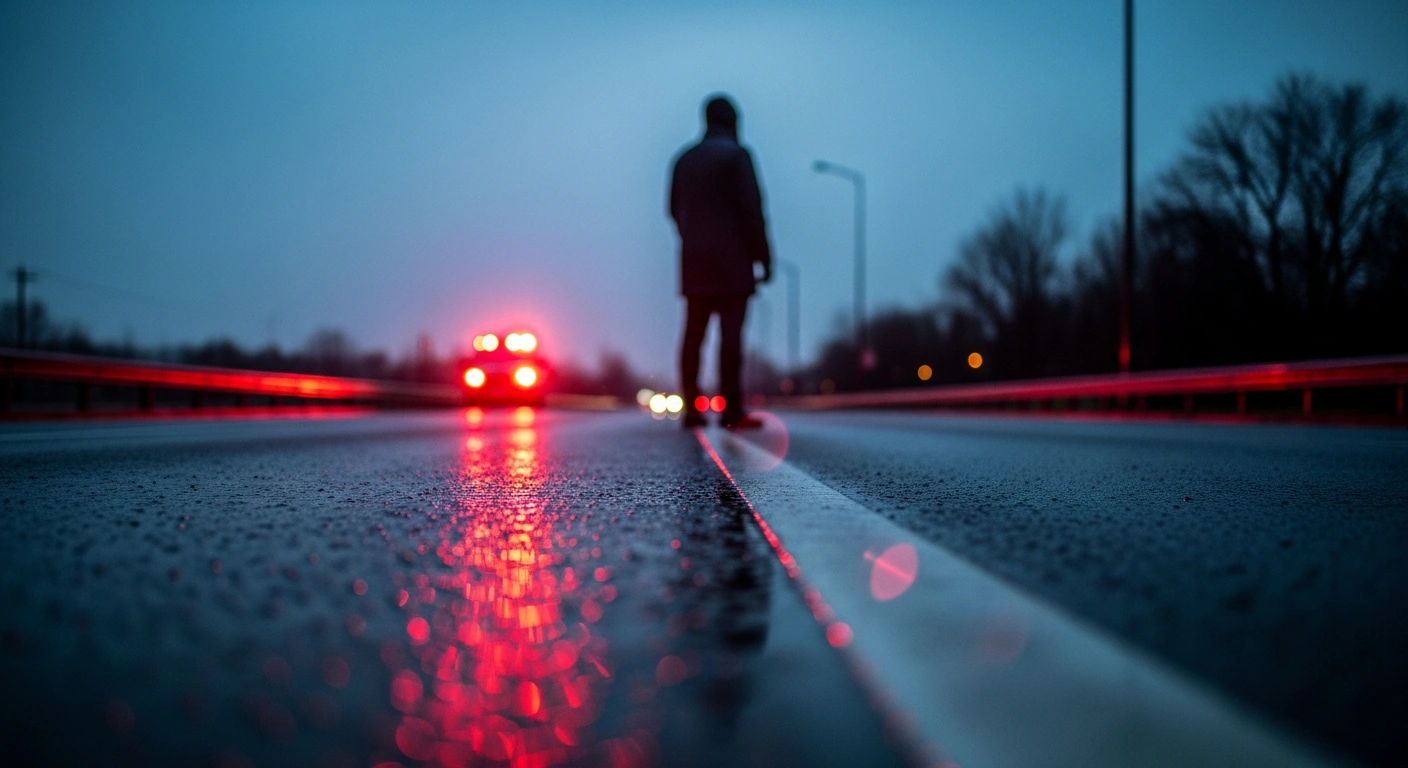 A person stands alone on a dark, wet road at night, representing the victims of road crime who feel neglected by the justice system in England and Wales.