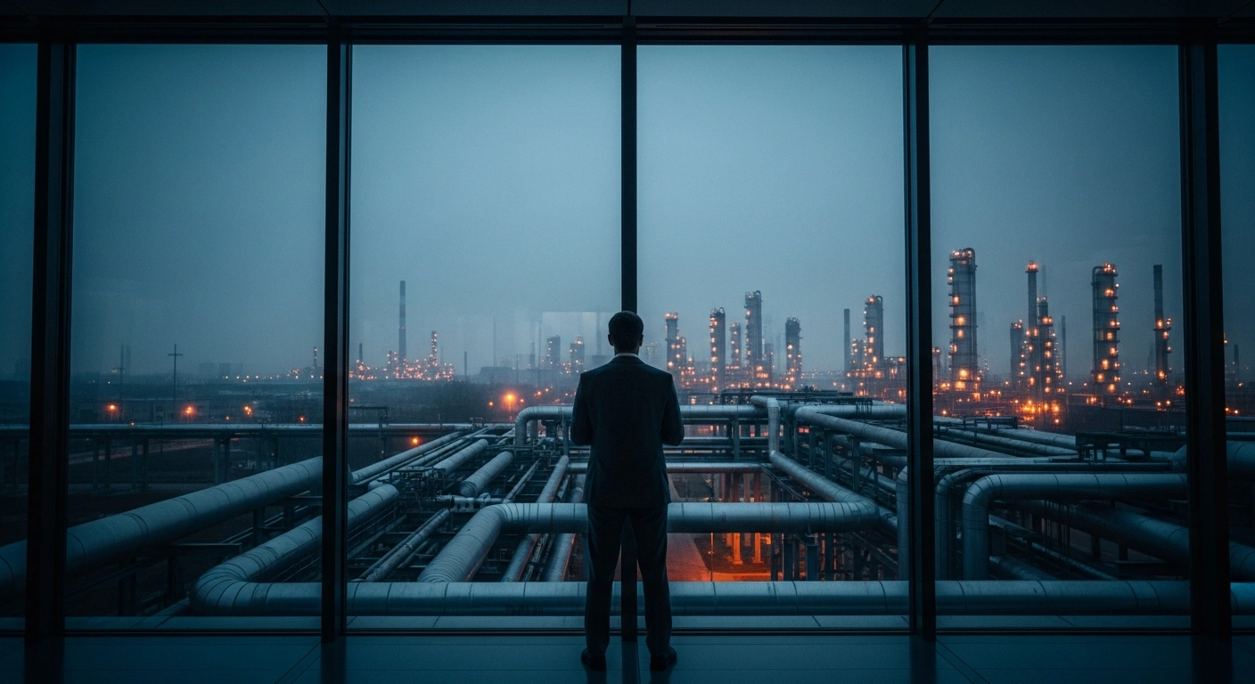 Slovak Prime Minister Robert Fico stands in a dark office overlooking an industrial city, reflecting on European energy policy and sanctions.