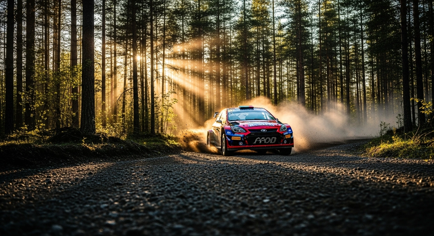 A rally car drifts around a gravel corner during the WRC2 Rally Finland as Estonian driver Robert Virves competes for the top spot.