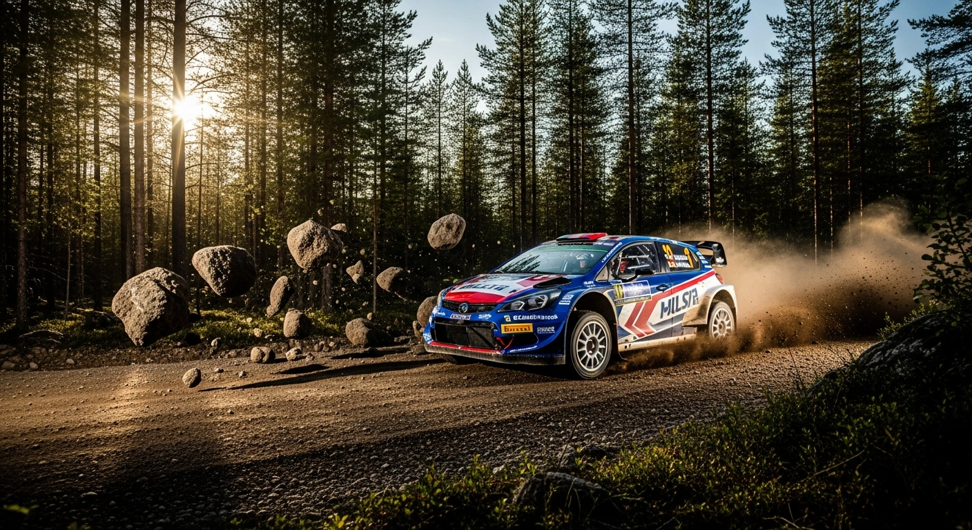 Estonian rally driver Robert Virves navigates a gravel stage at high speed during his WRC2 victory at Rally Finland.