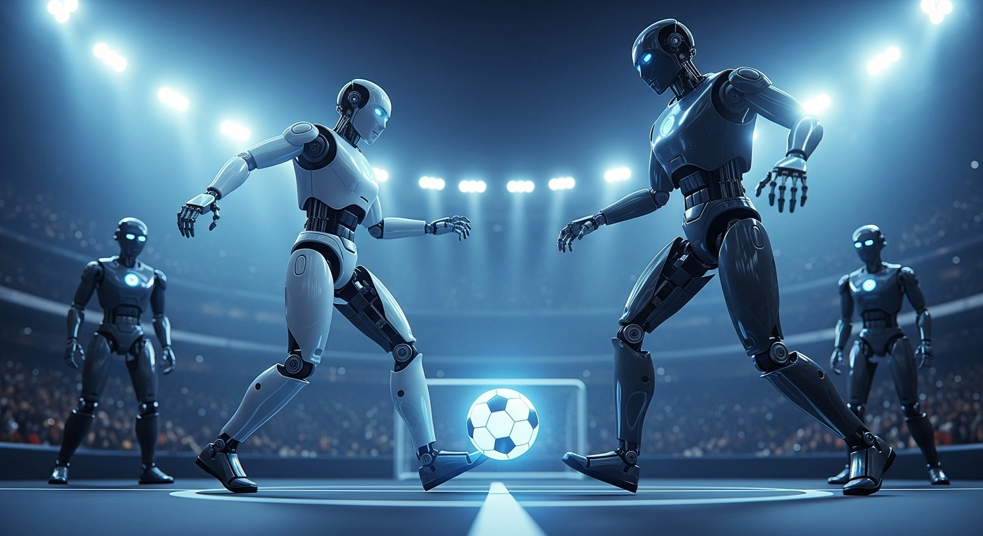 A dynamic low-angle shot captures two advanced humanoid robots competing in a futuristic soccer match under dramatic spotlights, representing the RoboCup Asia-Pacific event in Abu Dhabi.