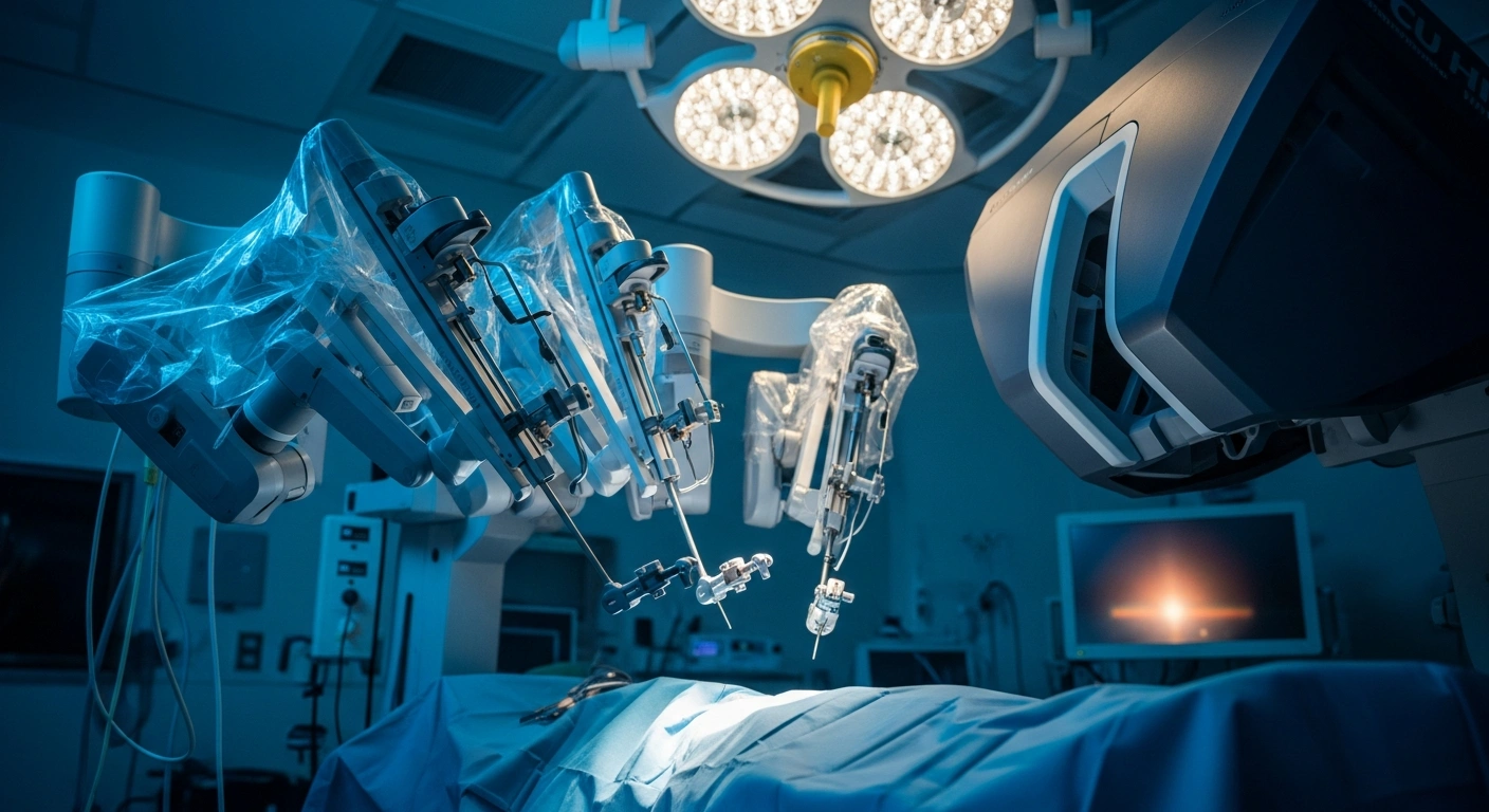 A close-up view of the gleaming metallic arms of a da Vinci 5 robotic surgical system performing a living-donor liver transplant with precision in a sterile, blue-lit operating room, representing VCU Health's medical breakthrough.