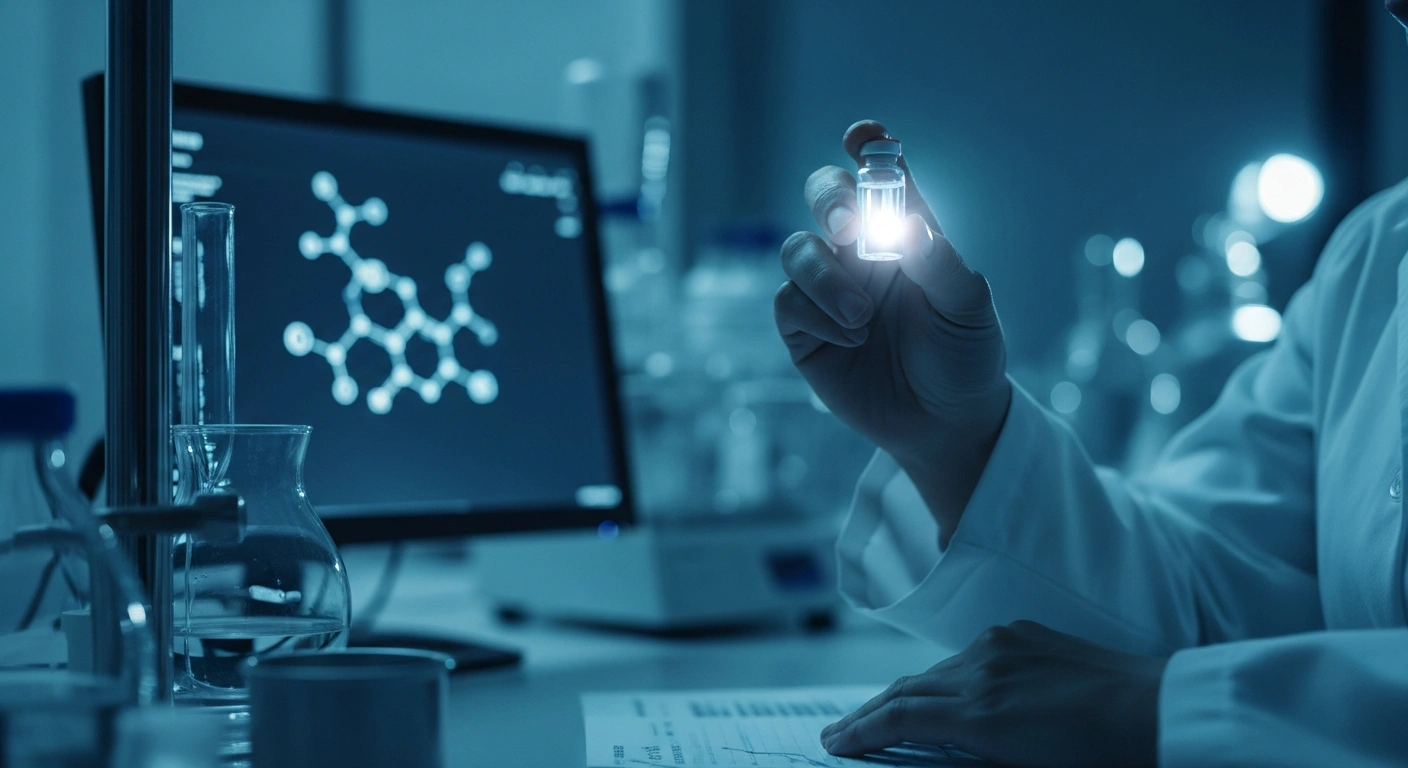 A researcher in a laboratory holds a vial of the investigational drug divarasib, which is being studied by Roche for treating non-small cell lung cancer with KRAS G12C mutations.