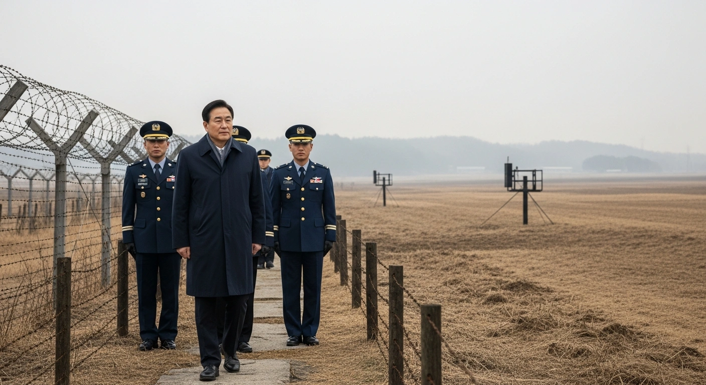 A wide, slightly low-angle photograph shows the Republic of Korea Minister of Unification, accompanied by United Nations Command personnel, standing on a weathered section of the ROK Peace Trail within the Demilitarized Zone under an overcast sky, with barbed wire fences and observation posts subtly visible in the background.