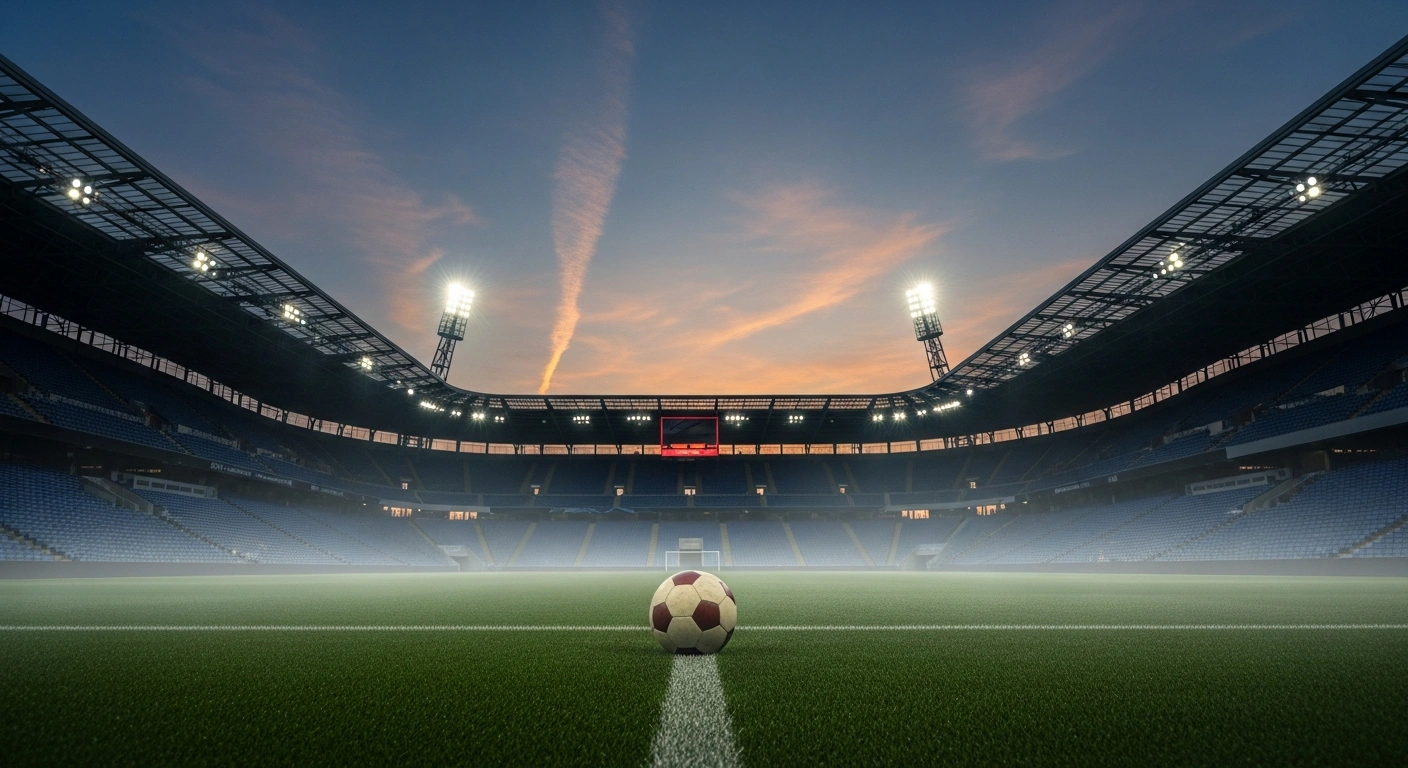 A wide, low-angle shot of an empty European football stadium at twilight, with a single, worn leather football resting on the center circle, symbolizing the passing and enduring legacy of Roland Courbis, the charismatic French footballer, coach, and pundit known for his career with AS Monaco and RMC radio.