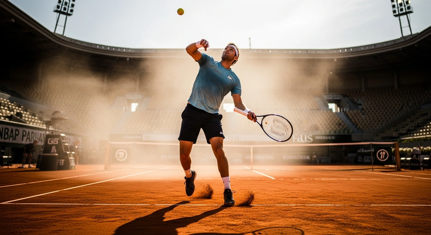 A tennis player competes on a red clay court during the 2026 Roland-Garros tournament in Paris under intense heat.