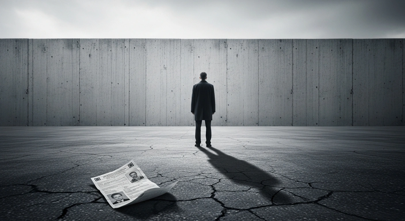A solitary figure stands with their back to a vast concrete wall under a bleak sky, with a crumpled document on the ground, symbolizing Russian investigative journalist Roman Anin's stripping of citizenship following his conviction for spreading false information about the army regarding the Ukraine conflict.