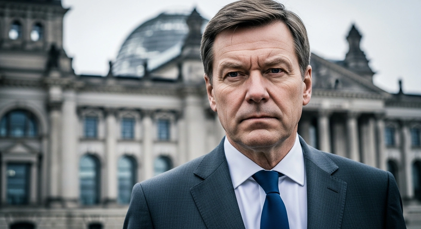 Hesse Interior Minister Roman Poseck stands in front of a government building while discussing German migration policy and potential deportations to Syria.