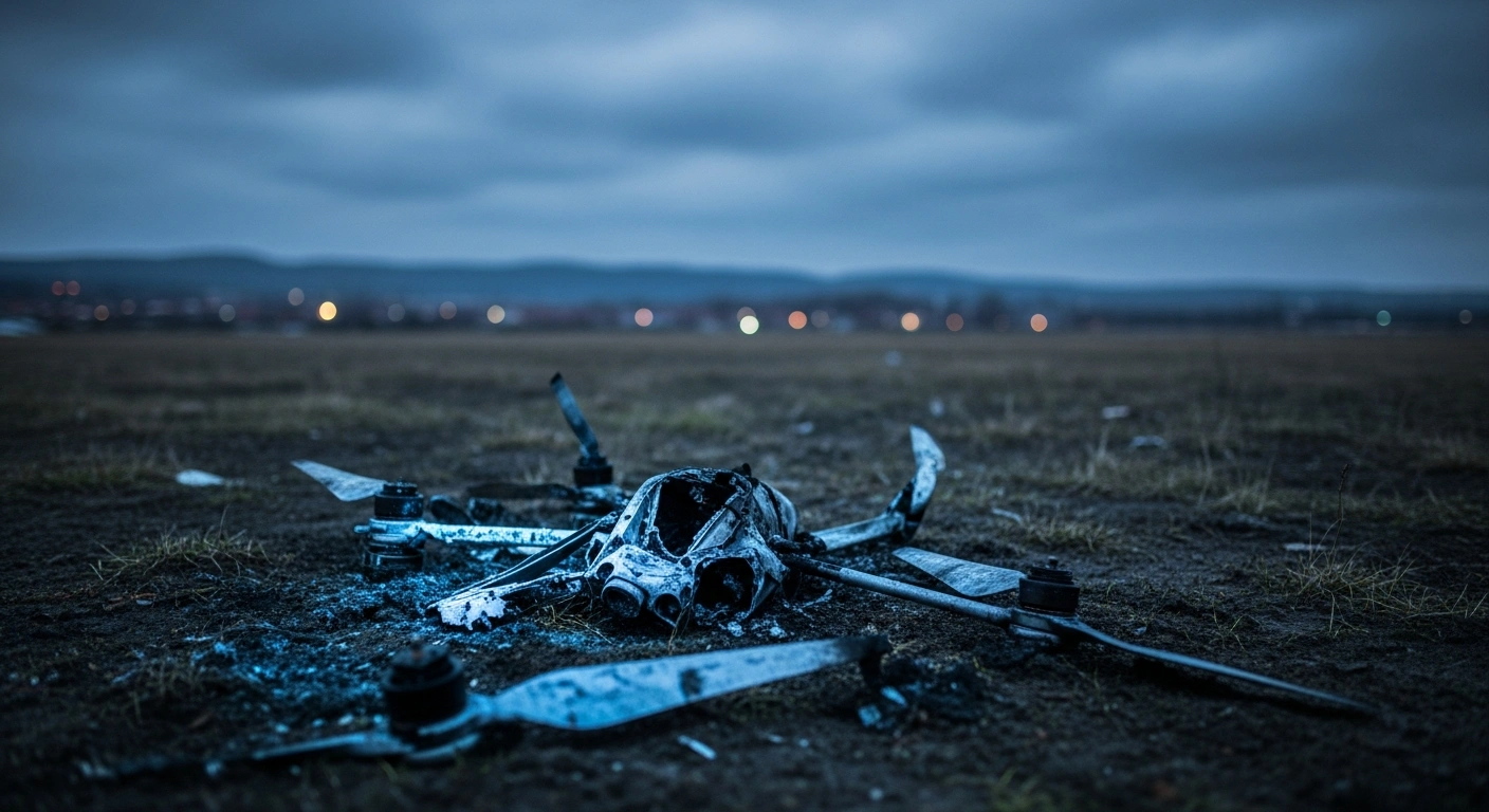 Charred drone debris lies on the ground near the border of Romania following a suspected Russian attack on Ukraine.